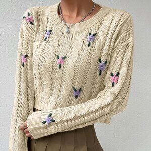 SHEIN Floral Crew Neck Cable Knit Crochet Drop Shoulder Crop Sweater Tan Size L
